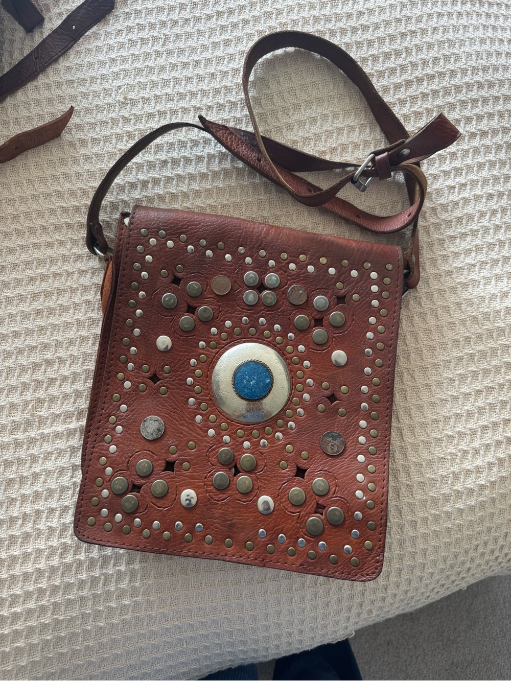 Brown Studded Leather Crossbody Bag with Blue Accent